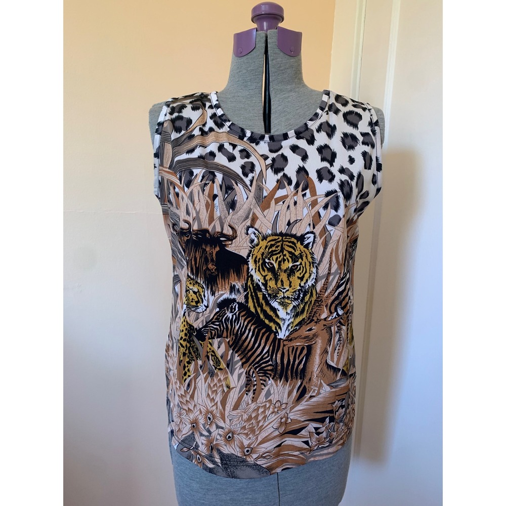 Vintage Safari Animal Print Sleeveless Tank Top Tiger‎ Zebra Leopard Brown Tan